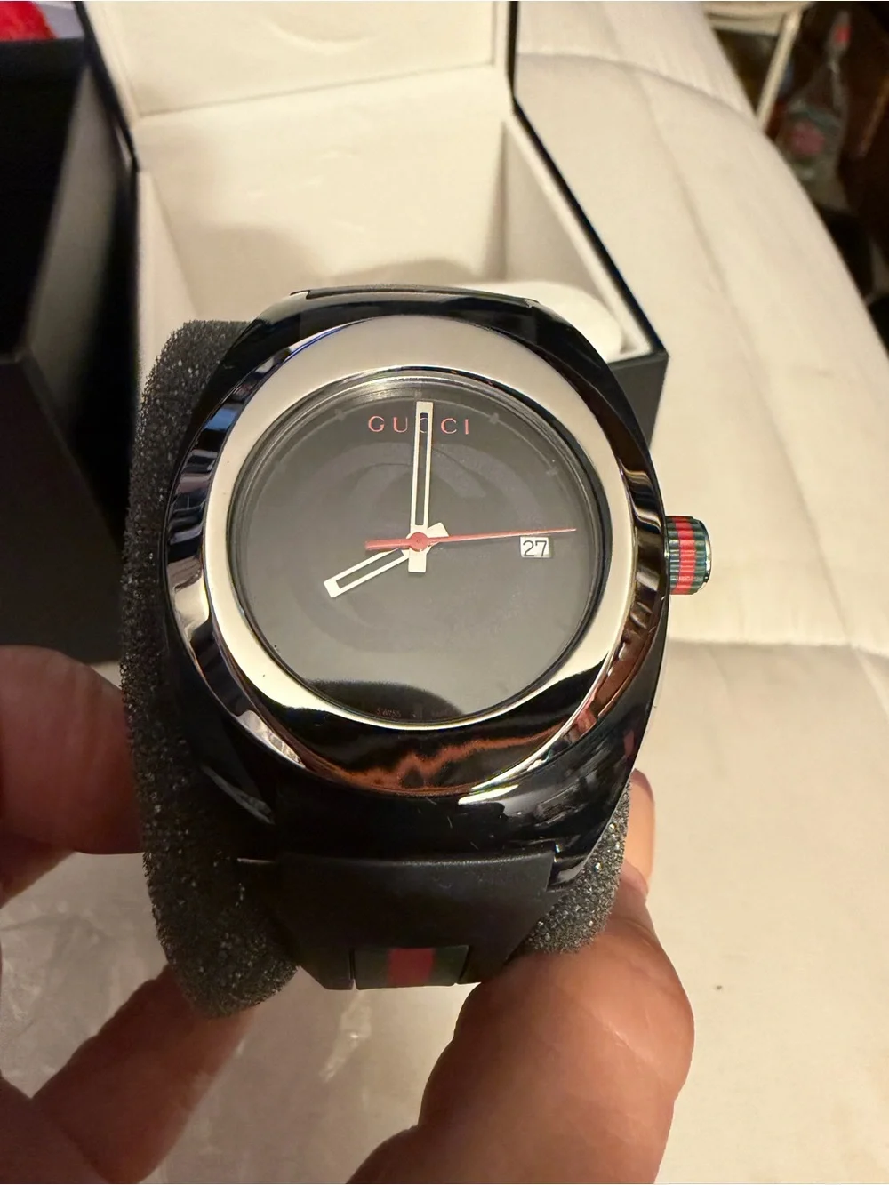 Gucci Black Watch with Silver Dial and Red Accents with box